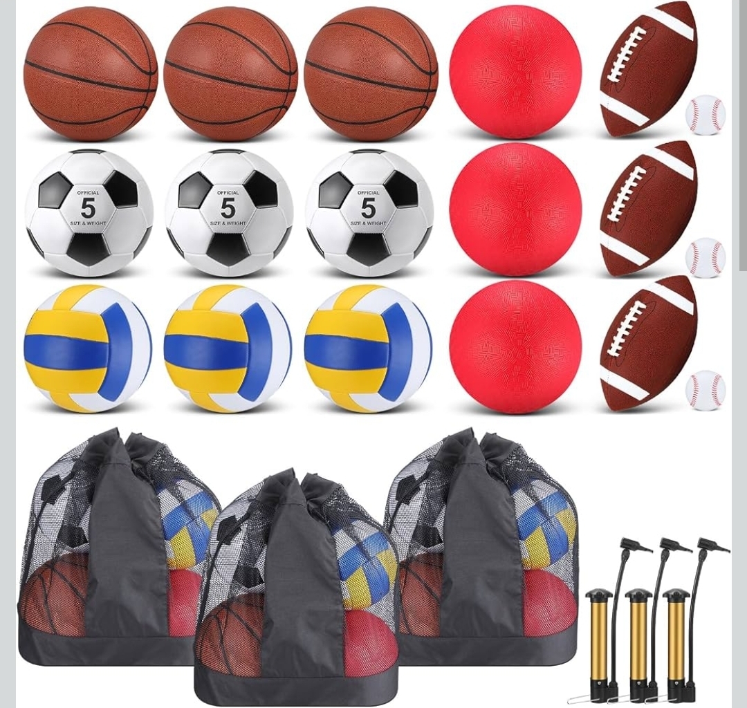 18 Professional Balls set _Basketball Football Volleyball Soccer Playground Baseball with Sport Equipment Bag Pump for Adults Gifts Outdoor Indoor