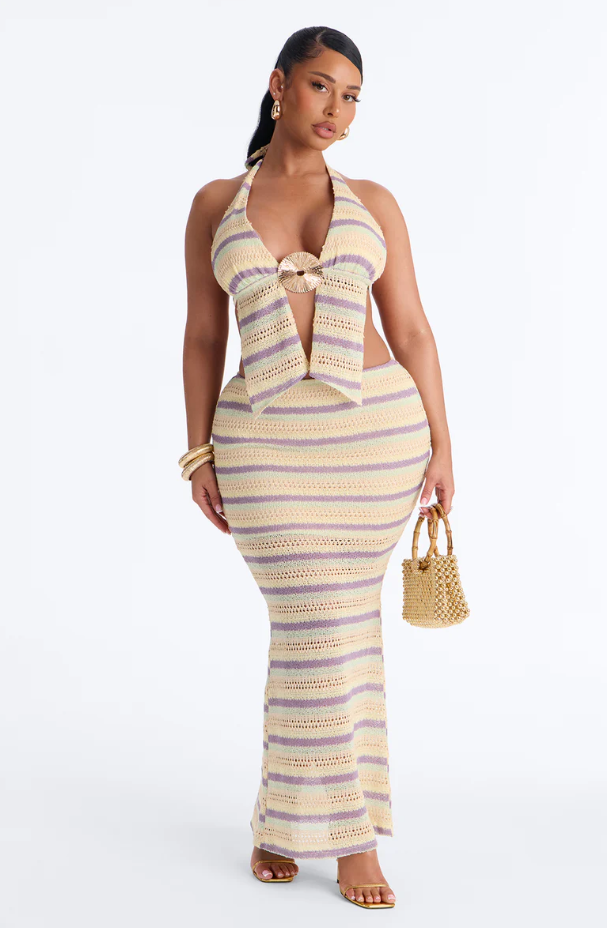 Saltair Crochet Halter Bra Top And Maxi Skirt Set - Cream/combo